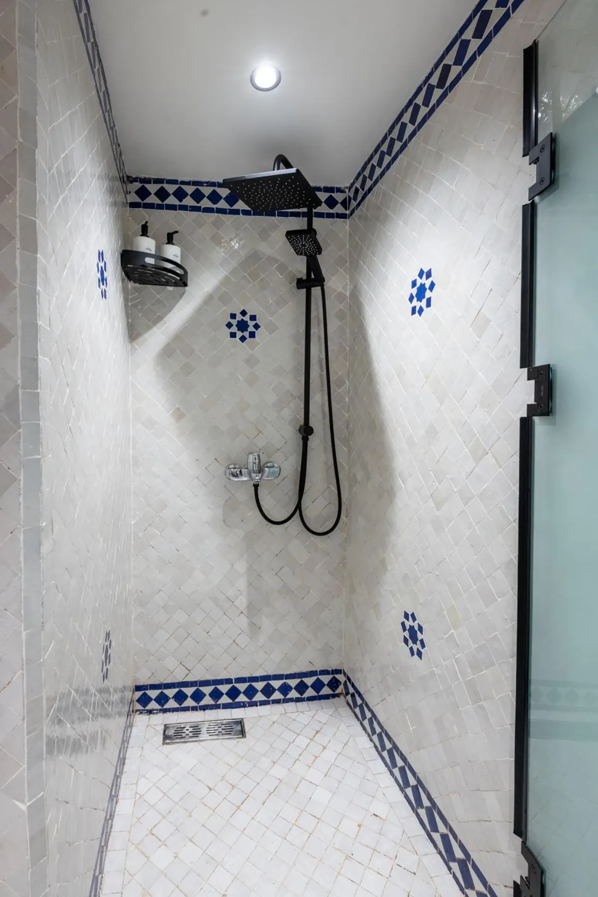 Shower with blue-and-white tile trim